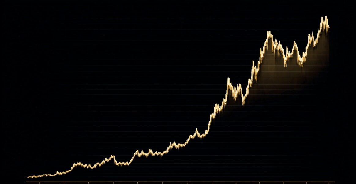 Grafikon sa zlatnom linijom koja prikazuje rast cene zlata tokom dužeg vremenskog perioda na tamnoj pozadini
