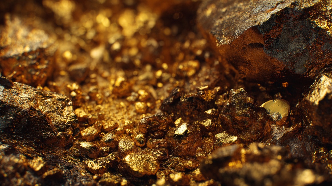 Makro fotografija komada sirovog zlata i zlatnih grudvica pomešanih sa tamnim stenama