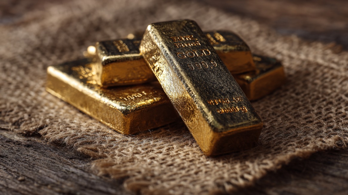 Zlatne poluge složene jedna preko druge na komadu jute, fotografisane izbliza uz tople tonove i teksturu starog drveta