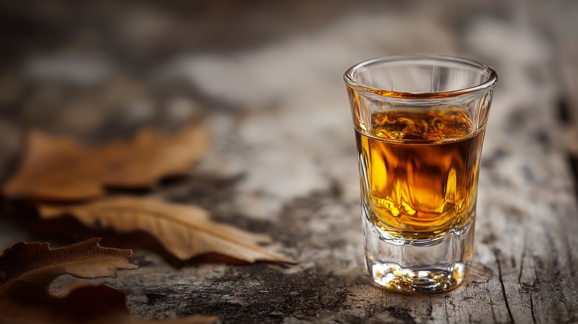Mala čaša amber-boje rakije na drvenoj površini sa suvim lišćem u pozadini.