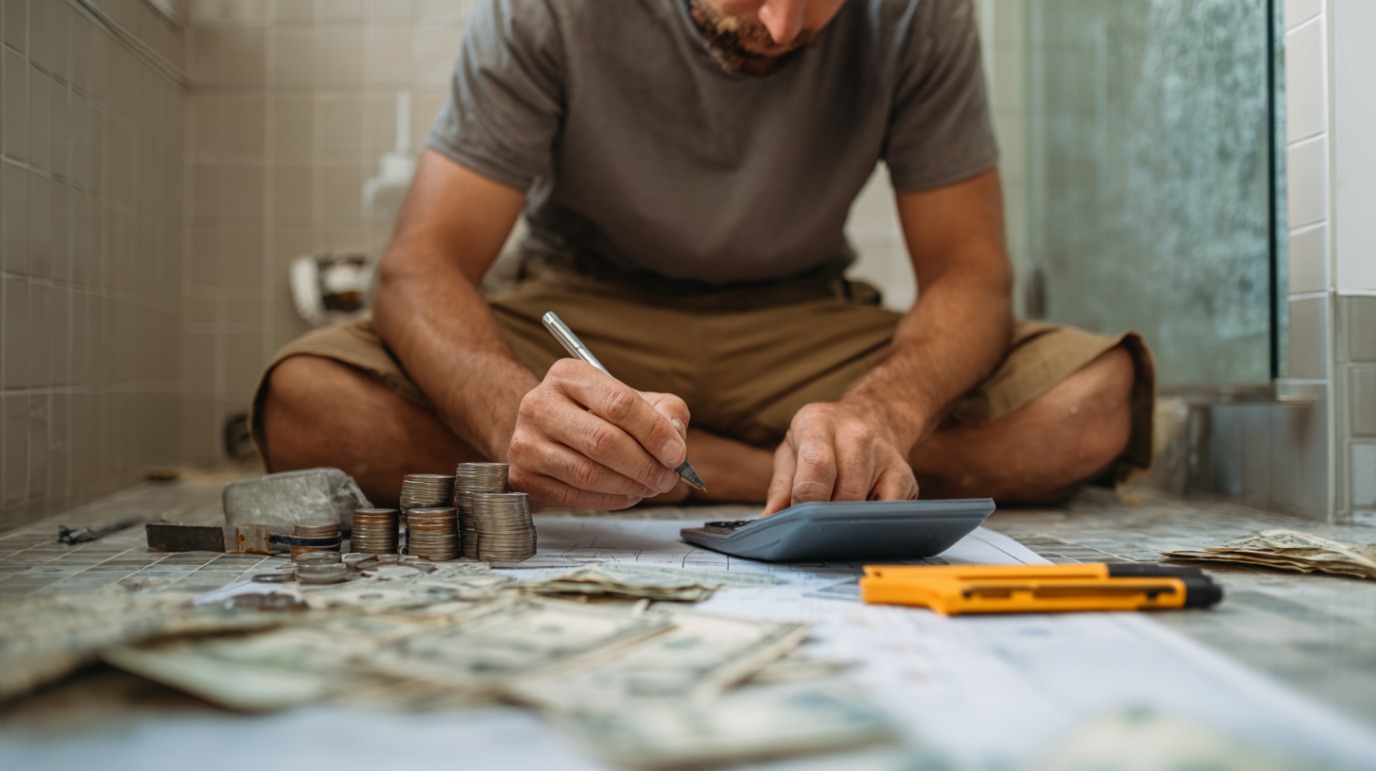 Muškarac sedi na podu kupatila i računa troškove uz pomoć kalkulatora, olovke i naslaganog novca