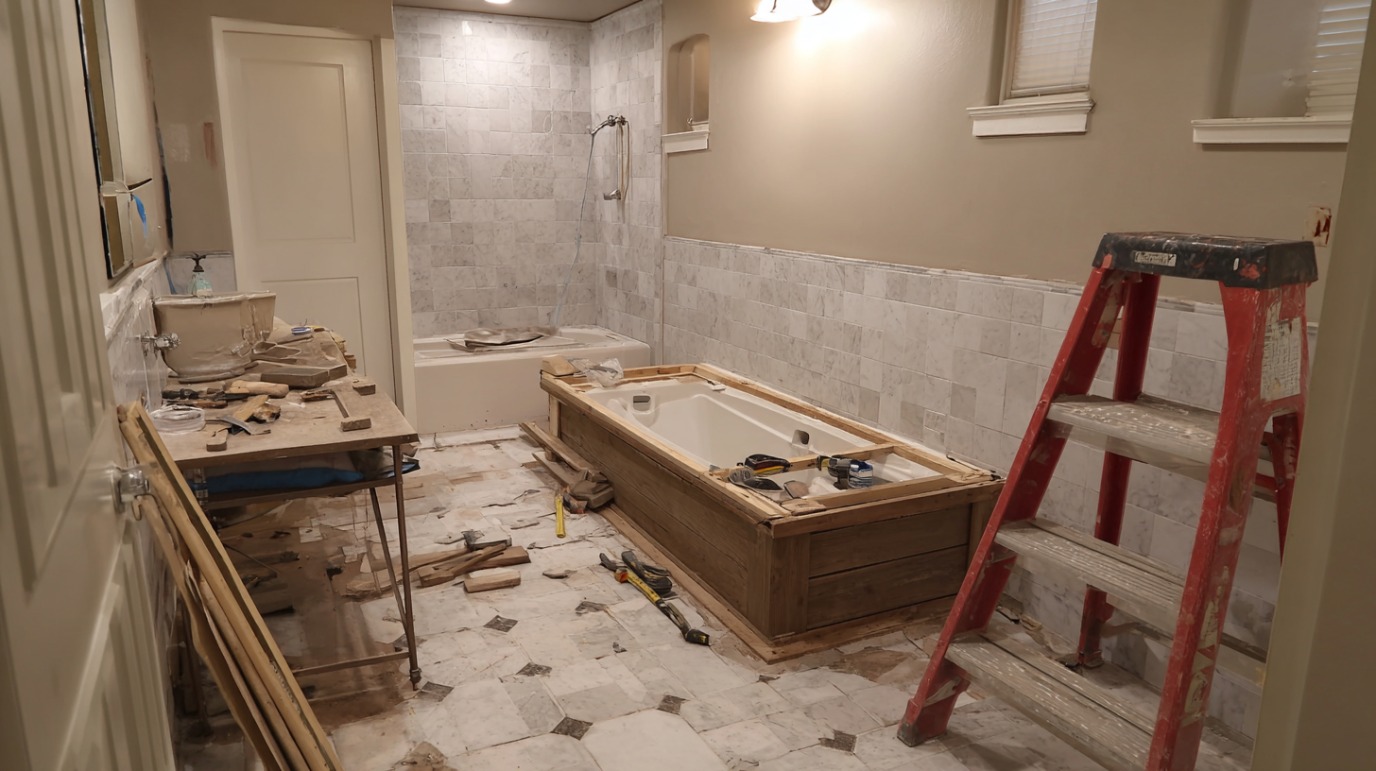 Kupatilo u fazi renoviranja sa kadom, alatom, merdevinama i pločicama u izradi