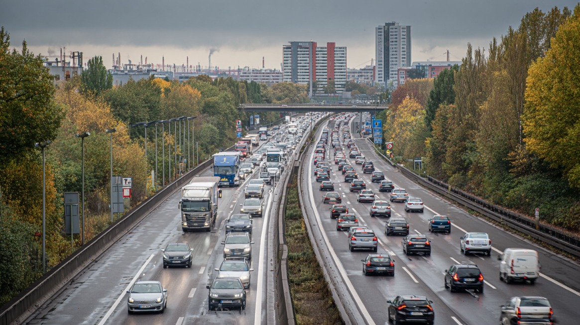 Gust saobraćaj na nemačkom autoputu, sa kolonom automobila i kamiona