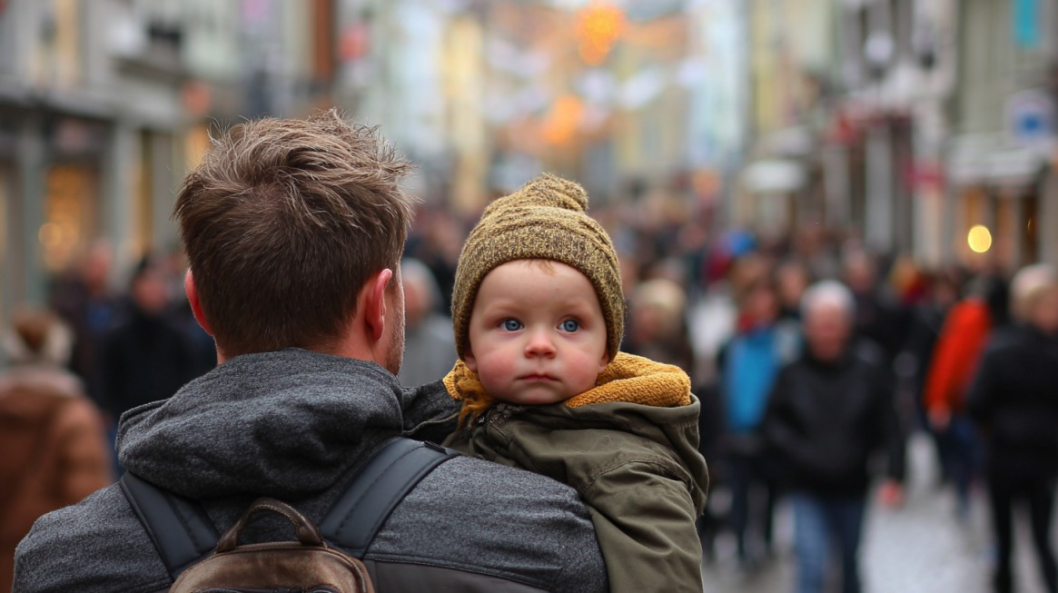 Otac nosi dete u naručju dok šetaju prometnom ulicom u Nemačkoj