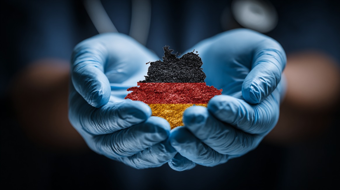 Ruke u medicinskim rukavicama drže oblik Nemačke obojen u boje nemačke zastave