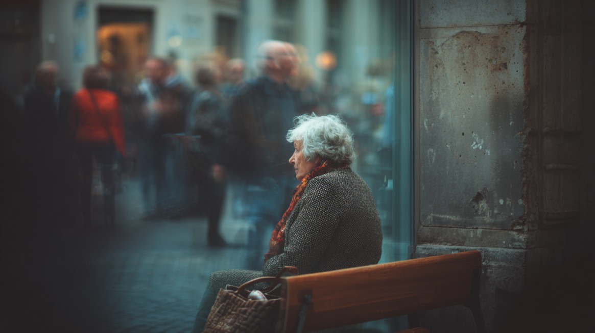Starija žena sedi na klupi pored zgrade u nemačkom gradu, dok prolaznici prolaze pored nje