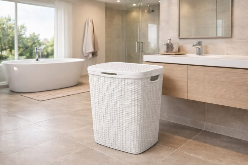 Moderno i prostrano kupatilo sa svetlim tonovima i plastičnom korpom za veš sa teksturom pletenja, postavljenom pored visećeg lavabo ormarića