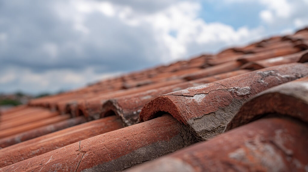 Oštećen i napukao crep na starom krovu u krupnom planu