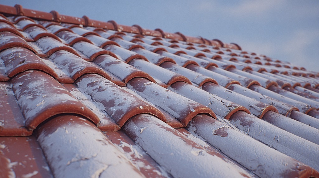 Oštećen crep prekriven slojem mraza sa vidljivim ljuštenjem površine na krovu