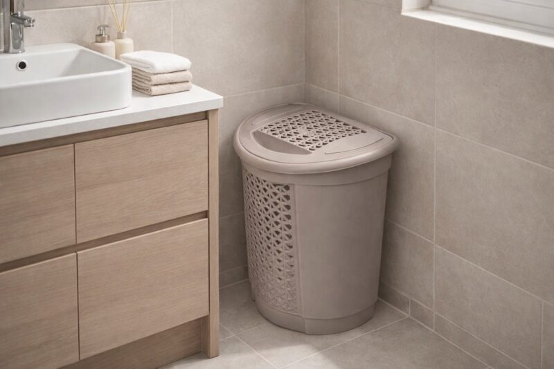 Kvalitetno odrađena plastična korpa za veš u nijansi moka boje