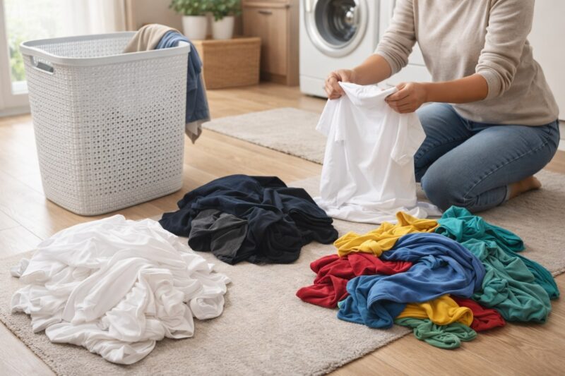 Osoba sortira veš na bele, tamne i šarene komade pored moderne plastične korpe u prijatnoj vešernici