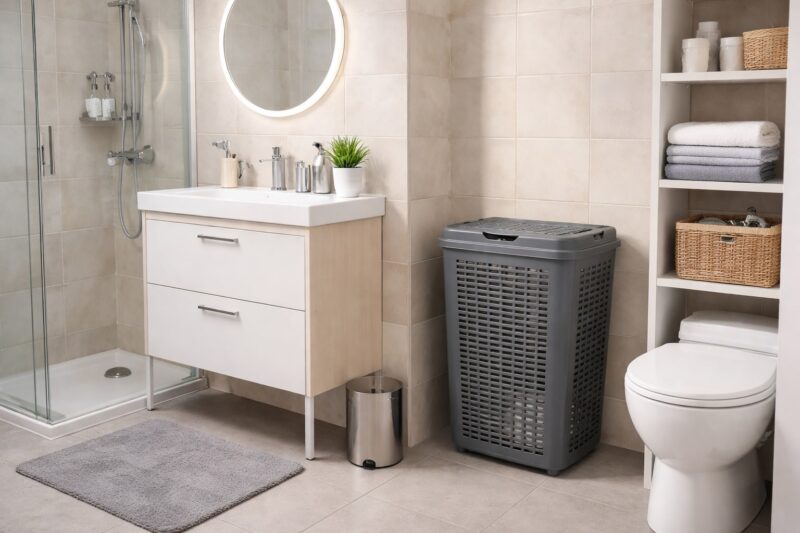 Malo moderno kupatilo sa tuš kabinom, ormarićem sa ogledalom, WC šoljom i sivom plastičnom korpom za veš od 50L u uglu prostora