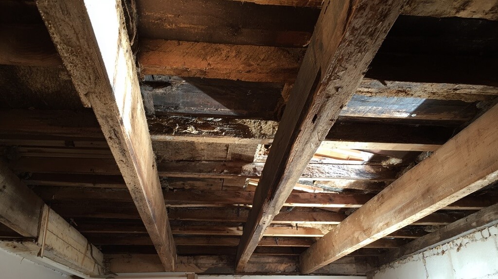 Trule i oštećene krovne grede sa vidljivim pukotinama i tamnim mrljama