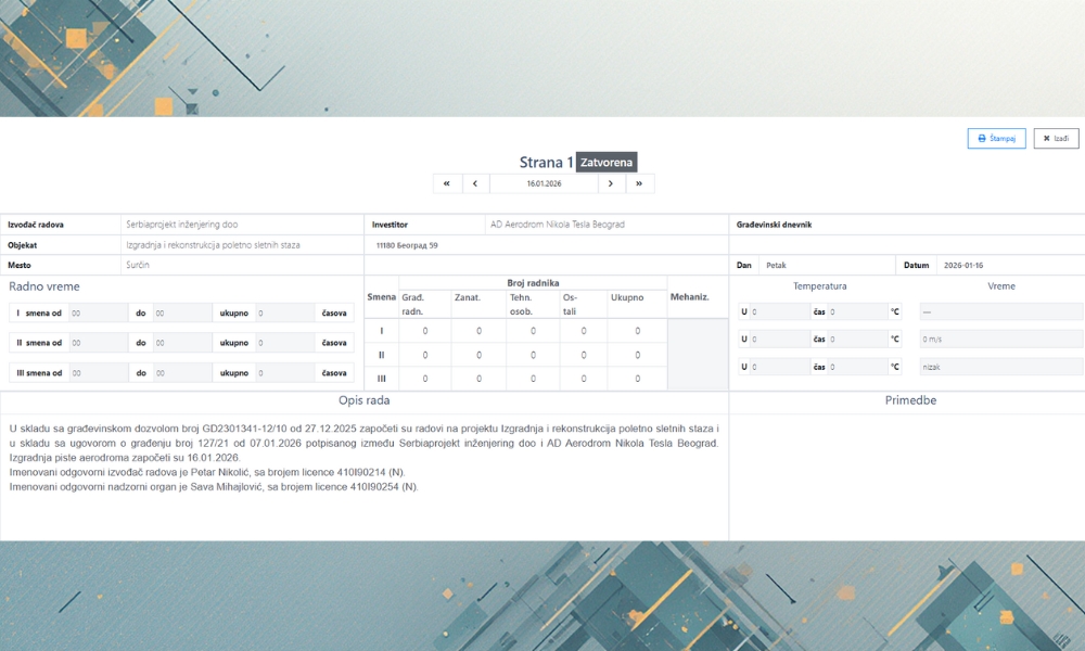 Građevinski dnevnik je zvanična evidencija u koju se svakodnevno upisuju svi važni podaci o toku izvođenja građevinskih radova