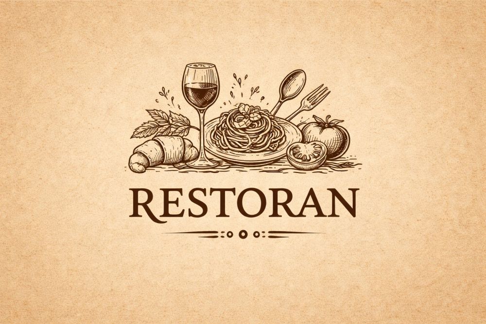 Dizajn restoranskog logotipa sa ilustracijom hrane i vina