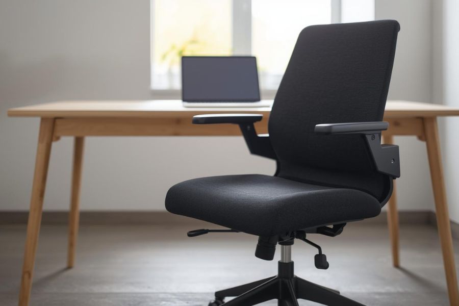 Jednostavna crna kancelarijska stolica sa tapaciranim sedištem i naslonom, postavljena ispred drvenog radnog stola sa laptopom u modernom kancelarijskom prostoru.