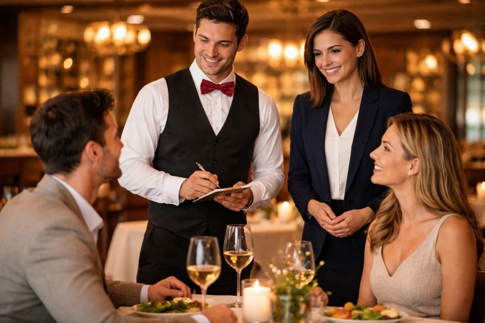 Konobar razgovara sa gostima dok prima porudžbinu za stolom u restoranu