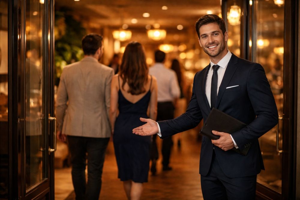 Ljubazni domaćin dočekuje goste na ulazu u elegantan restoran