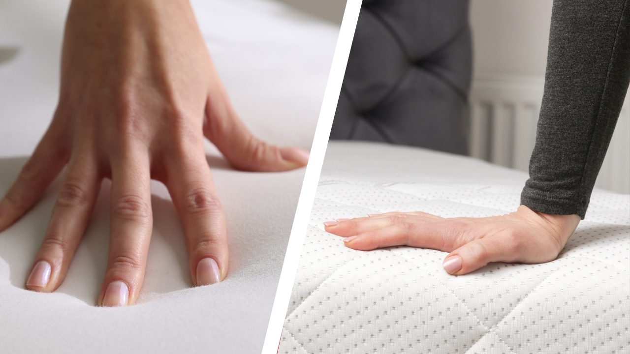 Ruka pritiska mekan i tvrd dušek kako bi se uporedila razlika u tvrdoći