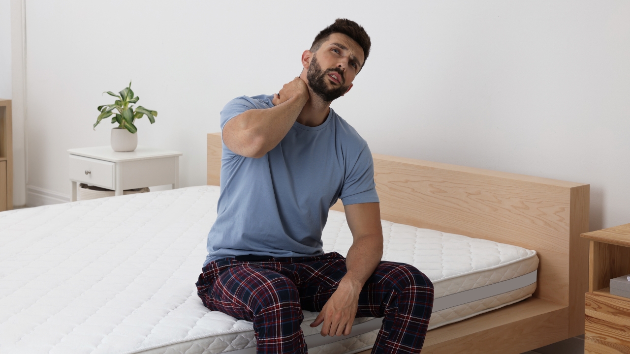 Muškarac sedi na krevetu i drži se za vrat, što ukazuje na bol nakon spavanja na dušeku