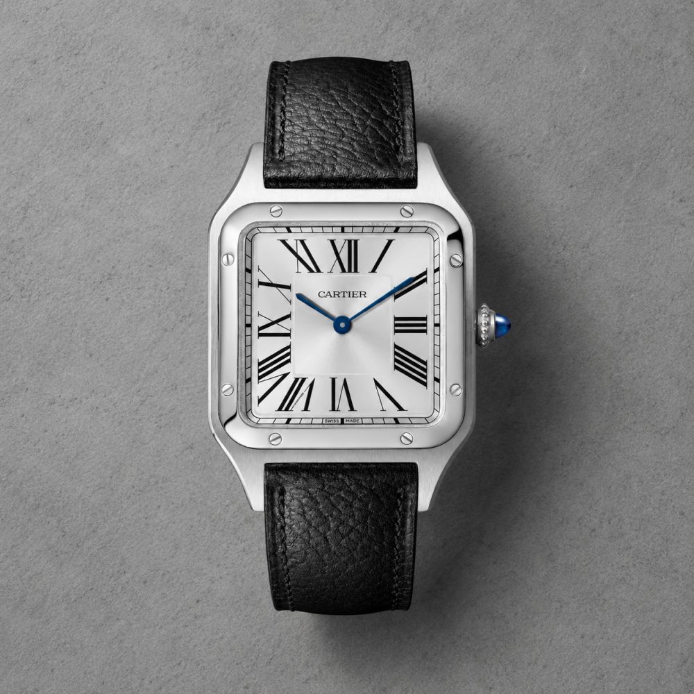 Cartier Santos sa srebrnim kvadratnim kućištem, rimskim brojevima i crnim kožnim kaišem