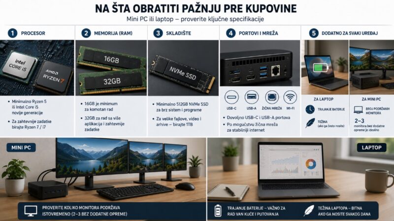 Poređenje procesora, RAM memorije, SSD skladišta, portova i dodatnih kriterijuma za mini PC i laptop
