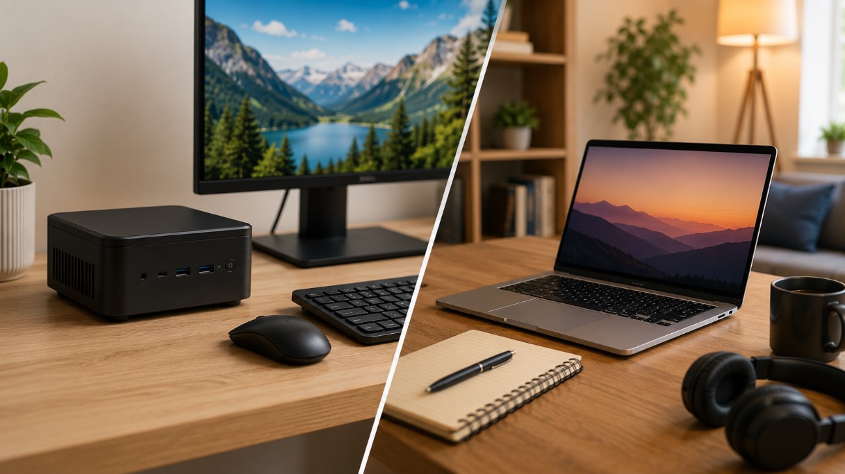 Poređenje mini PC računara sa monitorom i laptopa u kućnoj kancelariji