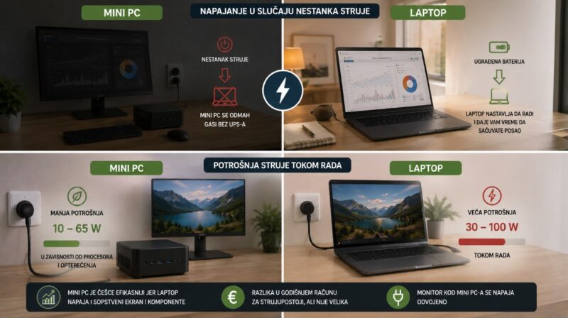 Poređenje mini PC računara i laptopa prema bateriji, ponašanju pri nestanku struje i potrošnji energije