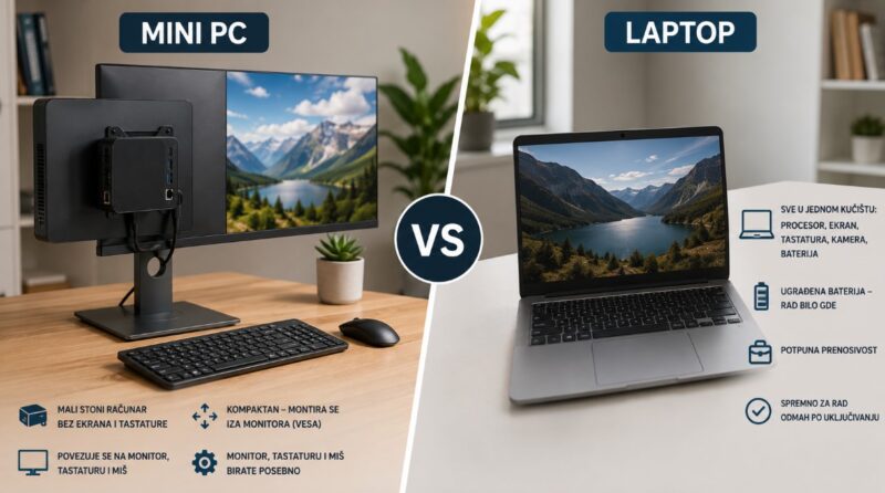 Mini PC montiran iza monitora i laptop prikazani kao dve opcije za rad od kuće