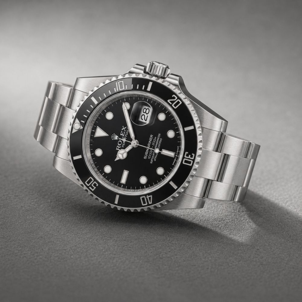 Rolex Submariner sa crnim brojčanikom i čeličnom narukvicom na sivoj studijskoj pozadini