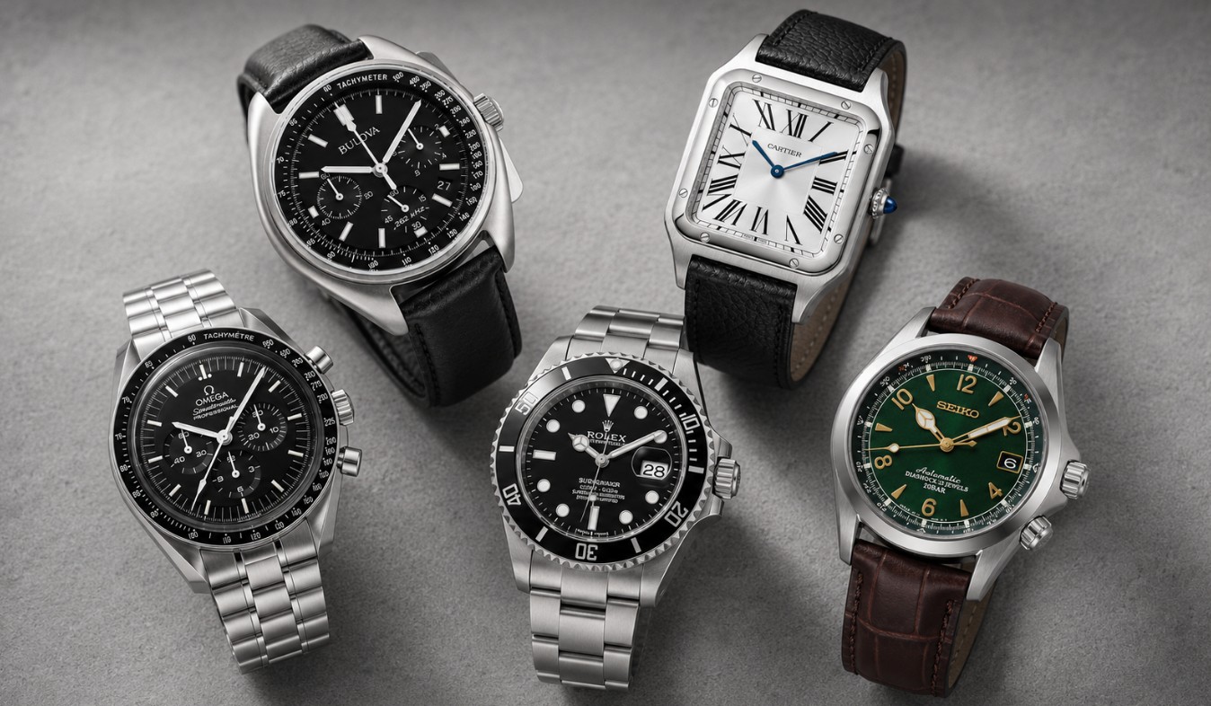 Pet ručnih satova raspoređenih na sivoj teksturisanoj podlozi: Bulova Lunar Pilot, Cartier Santos, Omega Speedmaster Professional, Rolex Submariner i Seiko Alpinist SARB017
