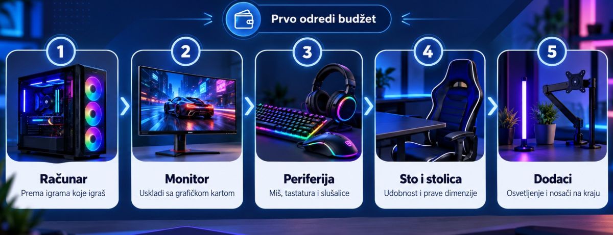 Infografik prikazuje pet koraka za sastavljanje gejming setapa bez nepotrebnog trošenja: računar, monitor, periferija, sto i stolica, i dodatna oprema, uz istaknuti savet da se prvo odredi budžet