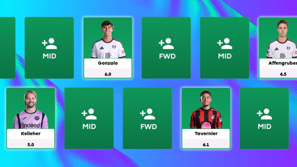 Fantasy Premier League ekran za izbor tima sa karticama fudbalera i praznim pozicijama u sastavu.