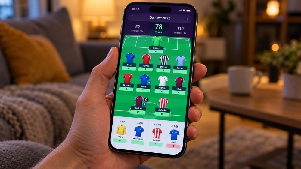 Ruka drži telefon na čijem ekranu je prikazan Fantasy fudbalski tim sa kapitenom i osvojenim bodovima.